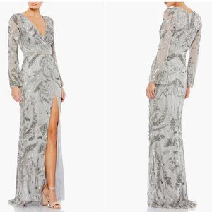 Mac Duggal 5222 Sequined Floral Faux Wrap Beaded Gown Platinum Gray NWT